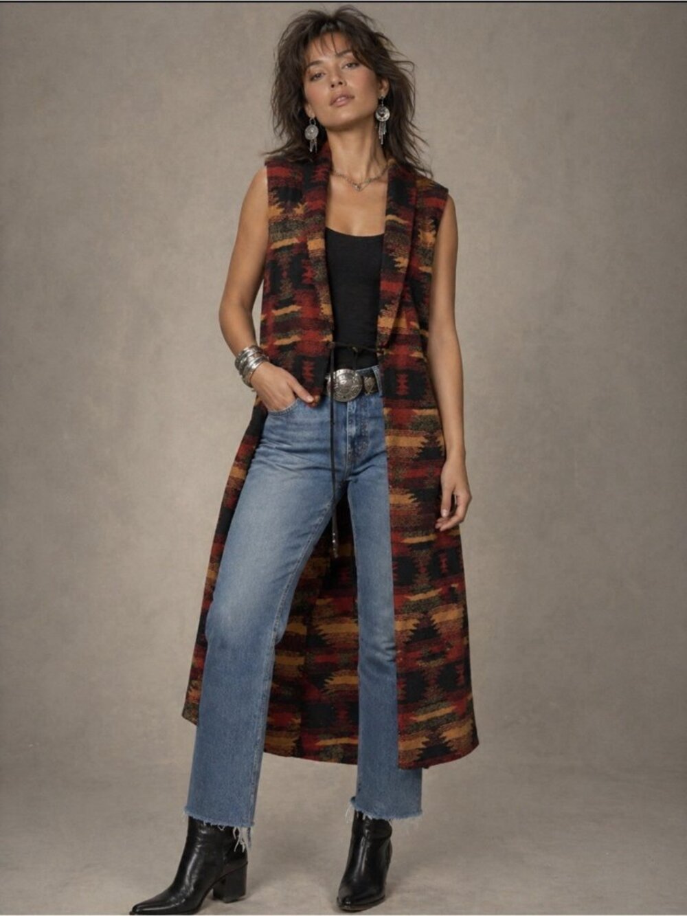 Vintage 90s Womens XL Long Aztec Print Duster Vest Bear Ridge Outfitters Boho